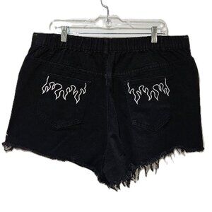 GOTH BLACK DENIM FRAYED CUTOFFS FLAMES POCKETS  2X